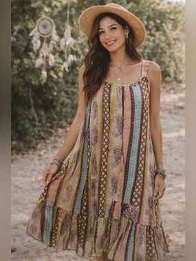 Rhea Lawrence Dress Top NWT Boho Multi Stripe Paisley Midi Dress S/M
